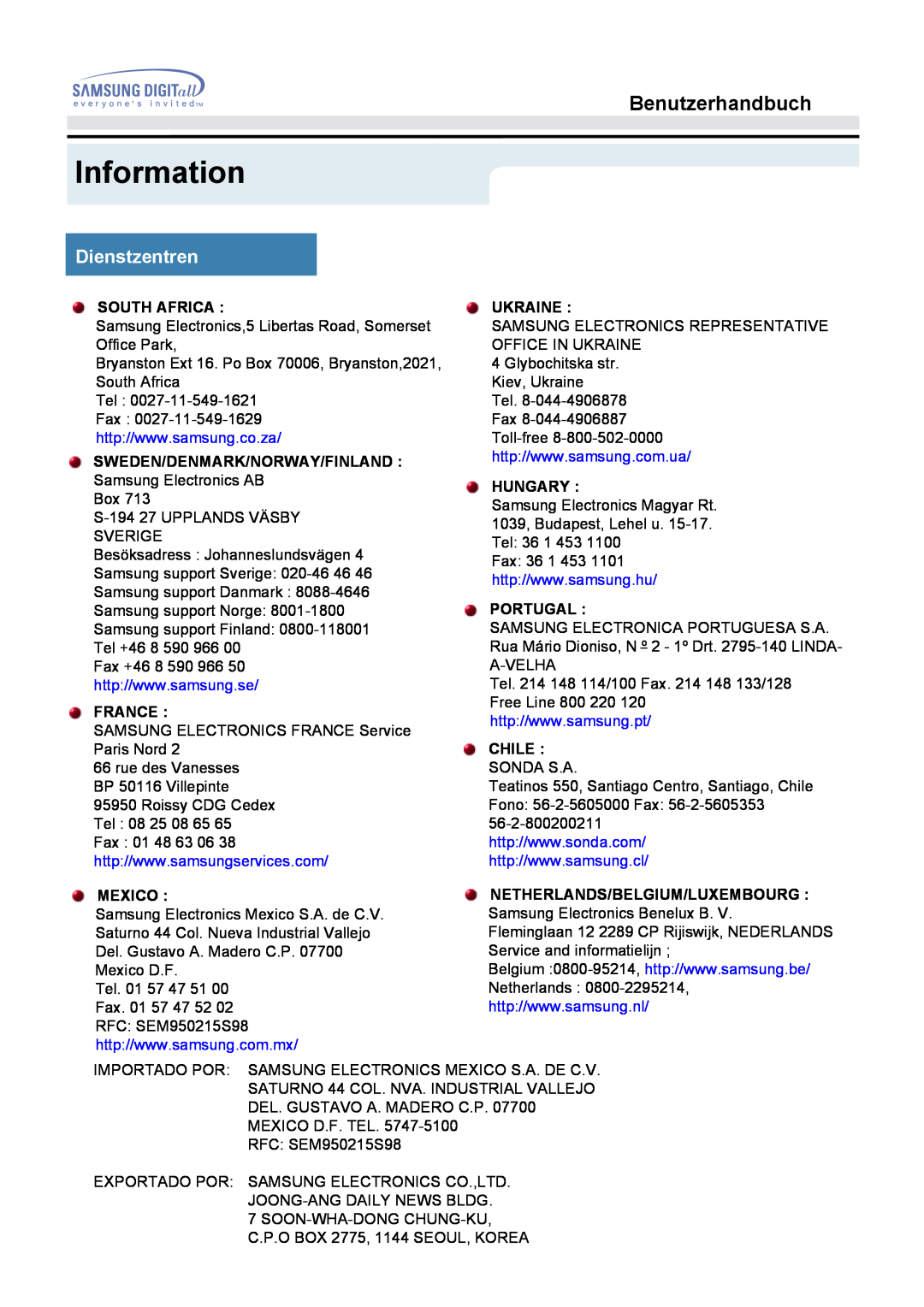 Samsung MO17ESZSZ/EDC Information, Benutzerhandbuch, Dienstzentren, South Africa, Sweden/Denmark/Norway/Finland, France 