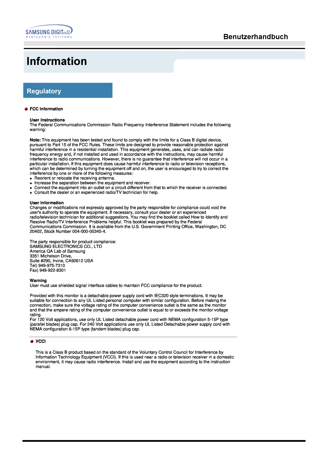 Samsung MO17ESZS/EDC manual Regulatory, Benutzerhandbuch, FCC Information User Instructions, User Information, Vcci 