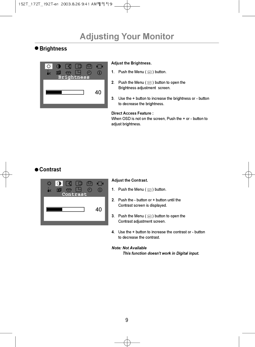 Samsung MO17PSDS/VNT, MO17PSDSV/VNT, MO19PSDSV/VNT manual Brightness, Contrast 