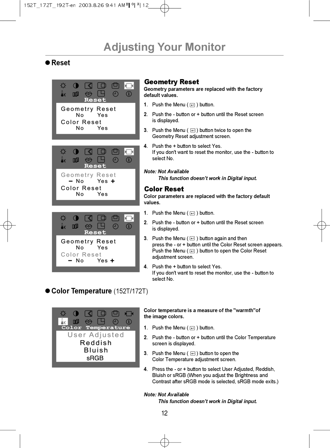 Samsung MO17PSDS/VNT, MO17PSDSV/VNT, MO19PSDSV/VNT manual Reset, Color Temperature 152T/172T 