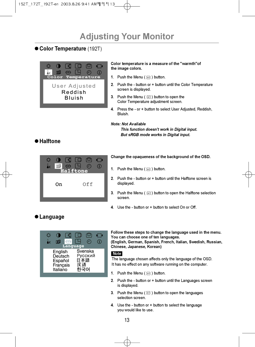 Samsung MO19PSDSV/VNT, MO17PSDSV/VNT, MO17PSDS/VNT manual Color Temperature 192T, Halftone, Language 