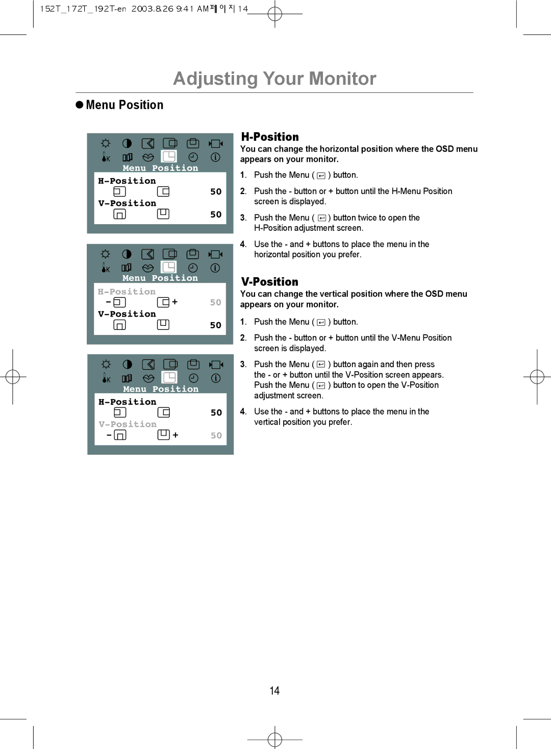 Samsung MO17PSDSV/VNT, MO17PSDS/VNT, MO19PSDSV/VNT manual Menu Position 