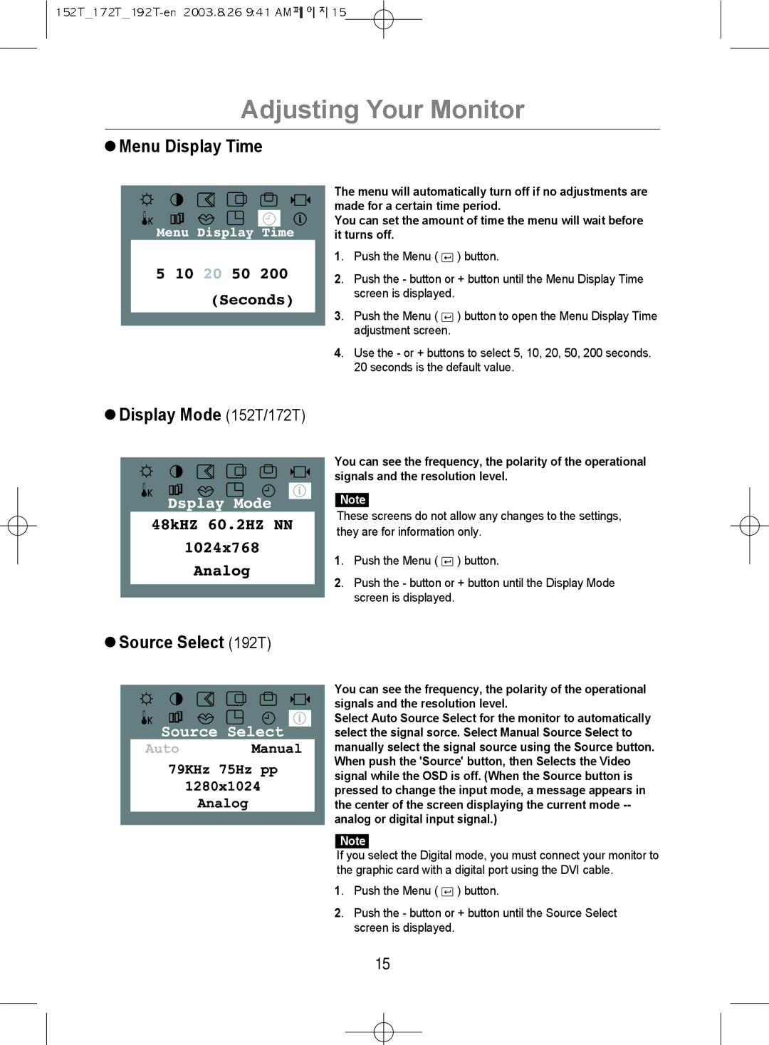 Samsung MO17PSDS/VNT, MO17PSDSV/VNT, MO19PSDSV/VNT manual Menu Display Time, Display Mode 152T/172T, Source Select 192T 