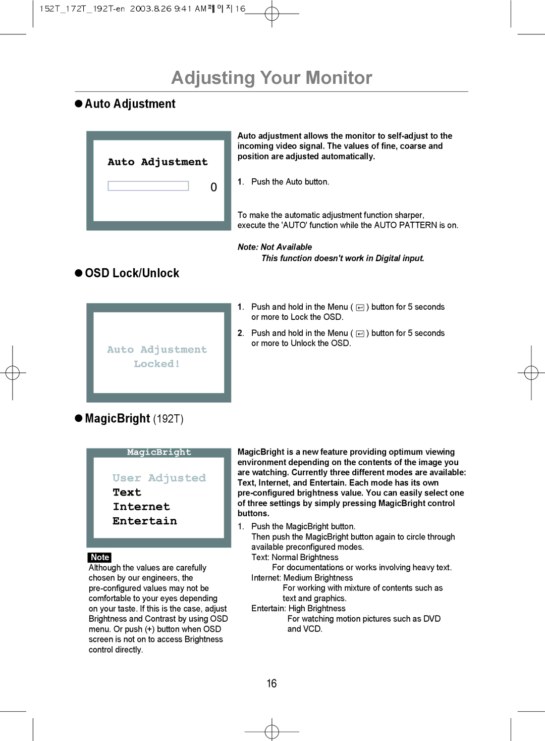 Samsung MO19PSDSV/VNT, MO17PSDSV/VNT, MO17PSDS/VNT manual Auto Adjustment, OSD Lock/Unlock, MagicBright 192T 