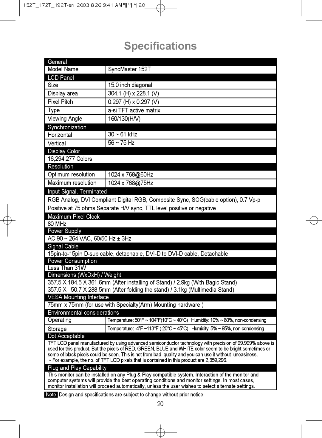 Samsung MO17PSDSV/VNT, MO17PSDS/VNT, MO19PSDSV/VNT manual Specifications, Synchronization 