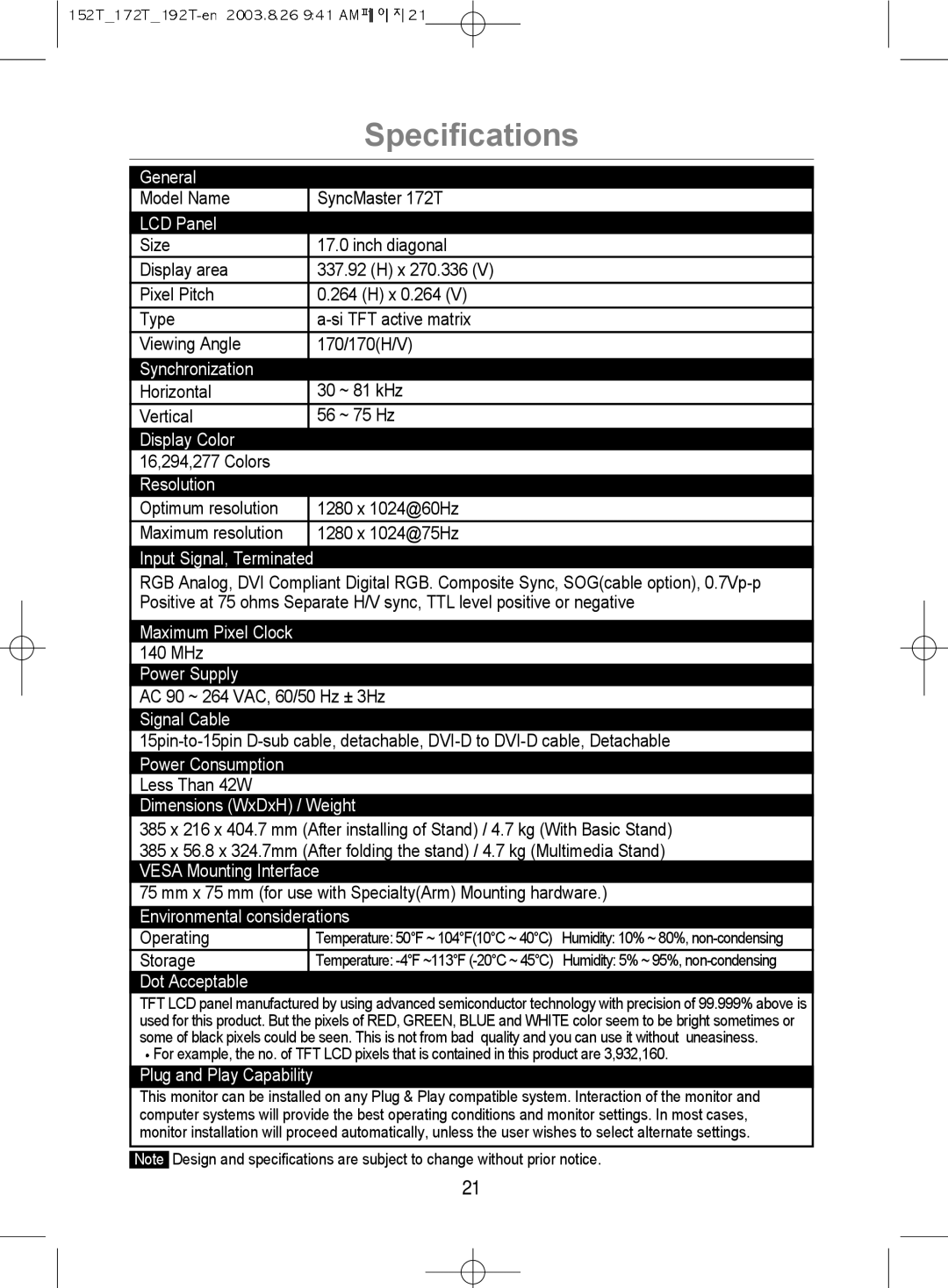 Samsung MO17PSDS/VNT, MO17PSDSV/VNT, MO19PSDSV/VNT manual Display Color 