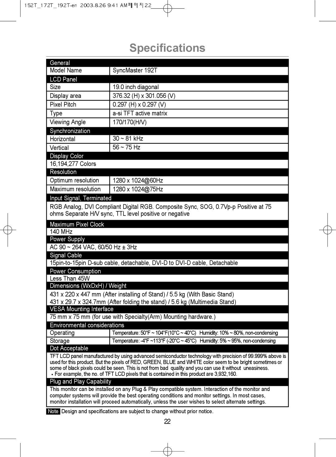 Samsung MO19PSDSV/VNT, MO17PSDSV/VNT, MO17PSDS/VNT manual Power Consumption Less Than 45W Dimensions WxDxH / Weight 