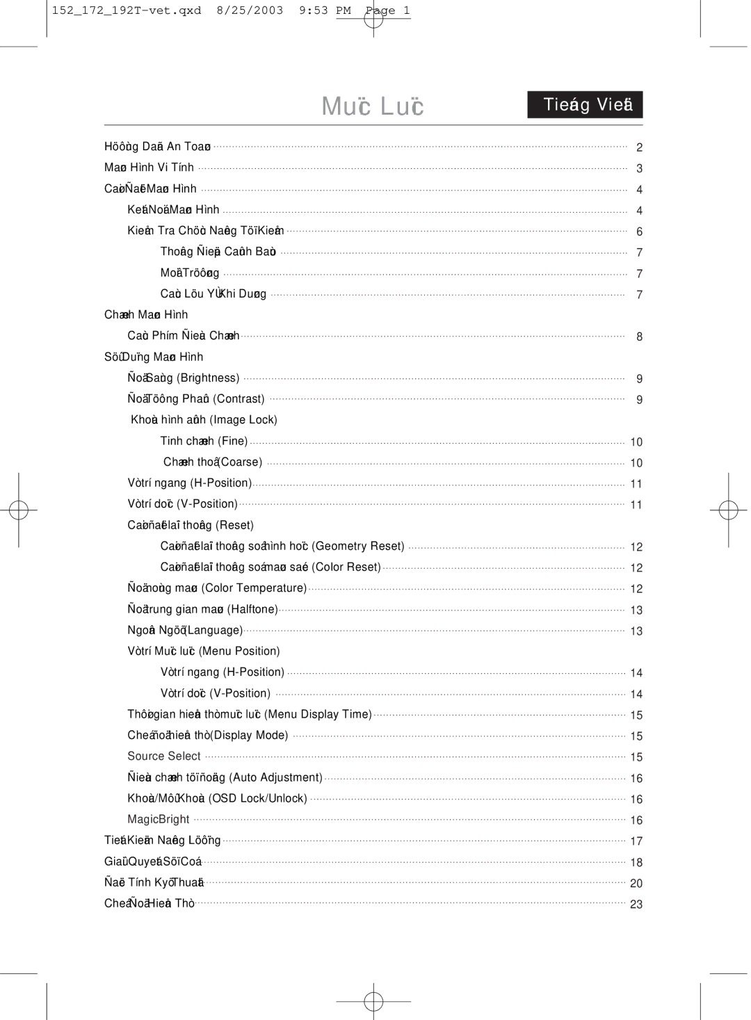 Samsung MO19PSDSV/VNT, MO17PSDSV/VNT, MO17PSDS/VNT manual Muïc Luïc, Tieáng Vieät 