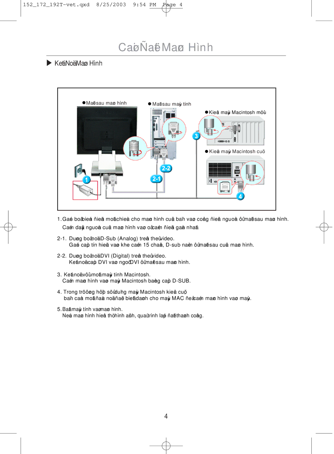 Samsung MO19PSDSV/VNT, MO17PSDSV/VNT, MO17PSDS/VNT manual Caøi Ñaët Maøn Hình, Keát Noái Maøn Hình 