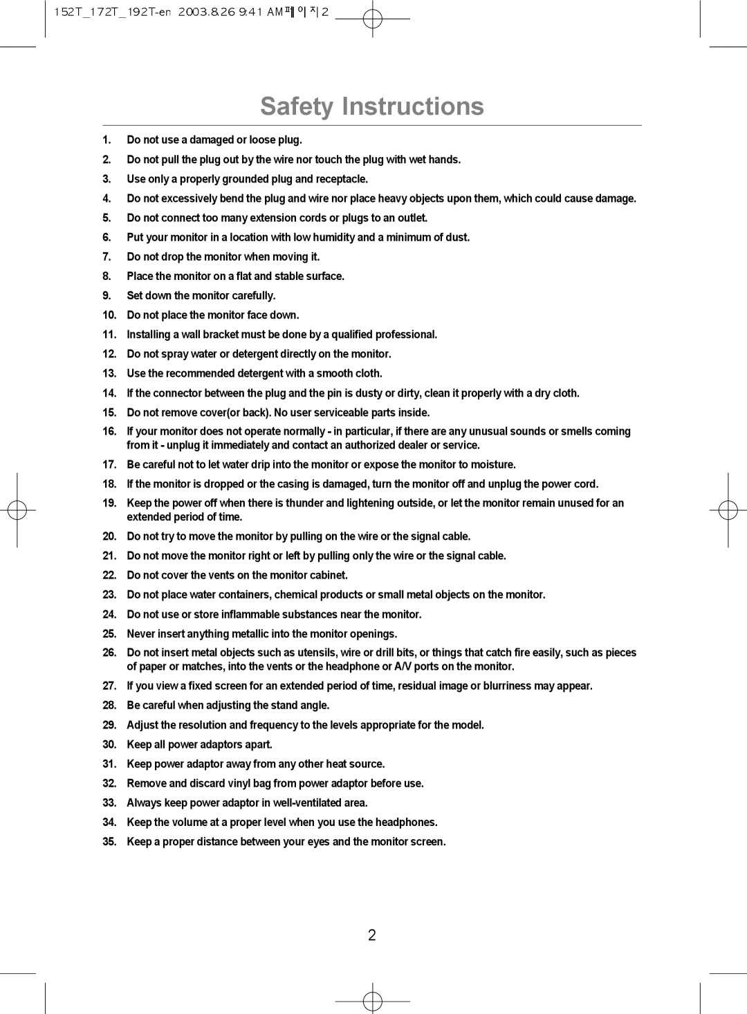 Samsung MO17PSDSV/VNT, MO17PSDS/VNT, MO19PSDSV/VNT manual Safety Instructions 