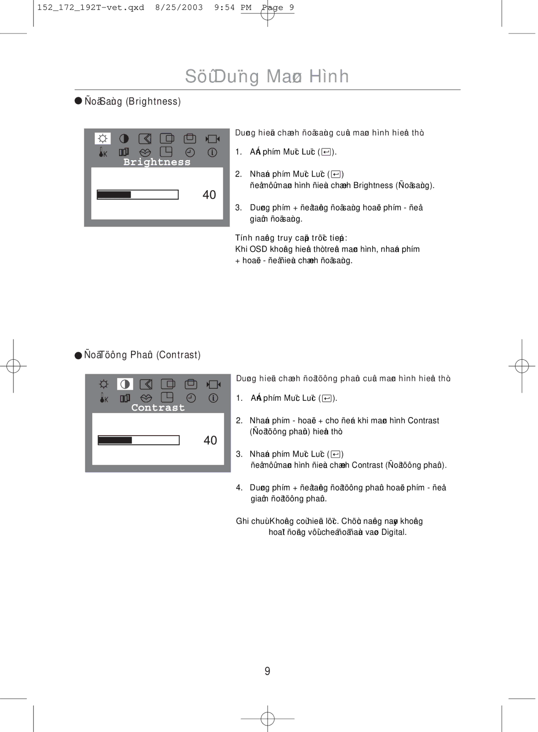 Samsung MO17PSDS/VNT, MO17PSDSV/VNT, MO19PSDSV/VNT manual Ñoä Saùng Brightness 