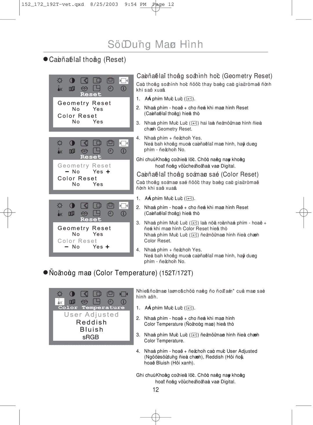 Samsung MO17PSDS/VNT, MO17PSDSV/VNT, MO19PSDSV/VNT manual Hình, Color Reset 