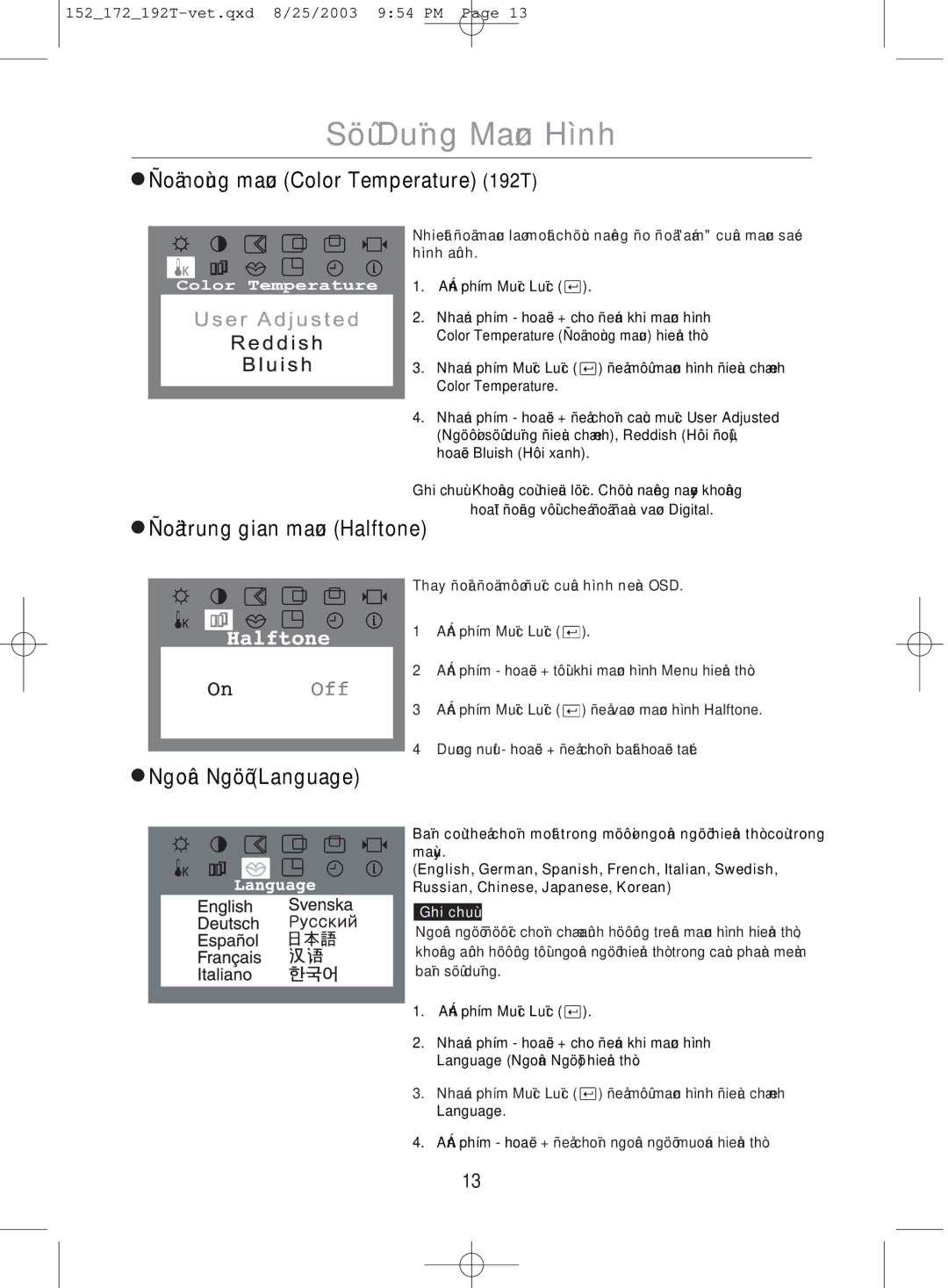 Samsung MO19PSDSV/VNT, MO17PSDSV/VNT, MO17PSDS/VNT manual Language, Trung gian 