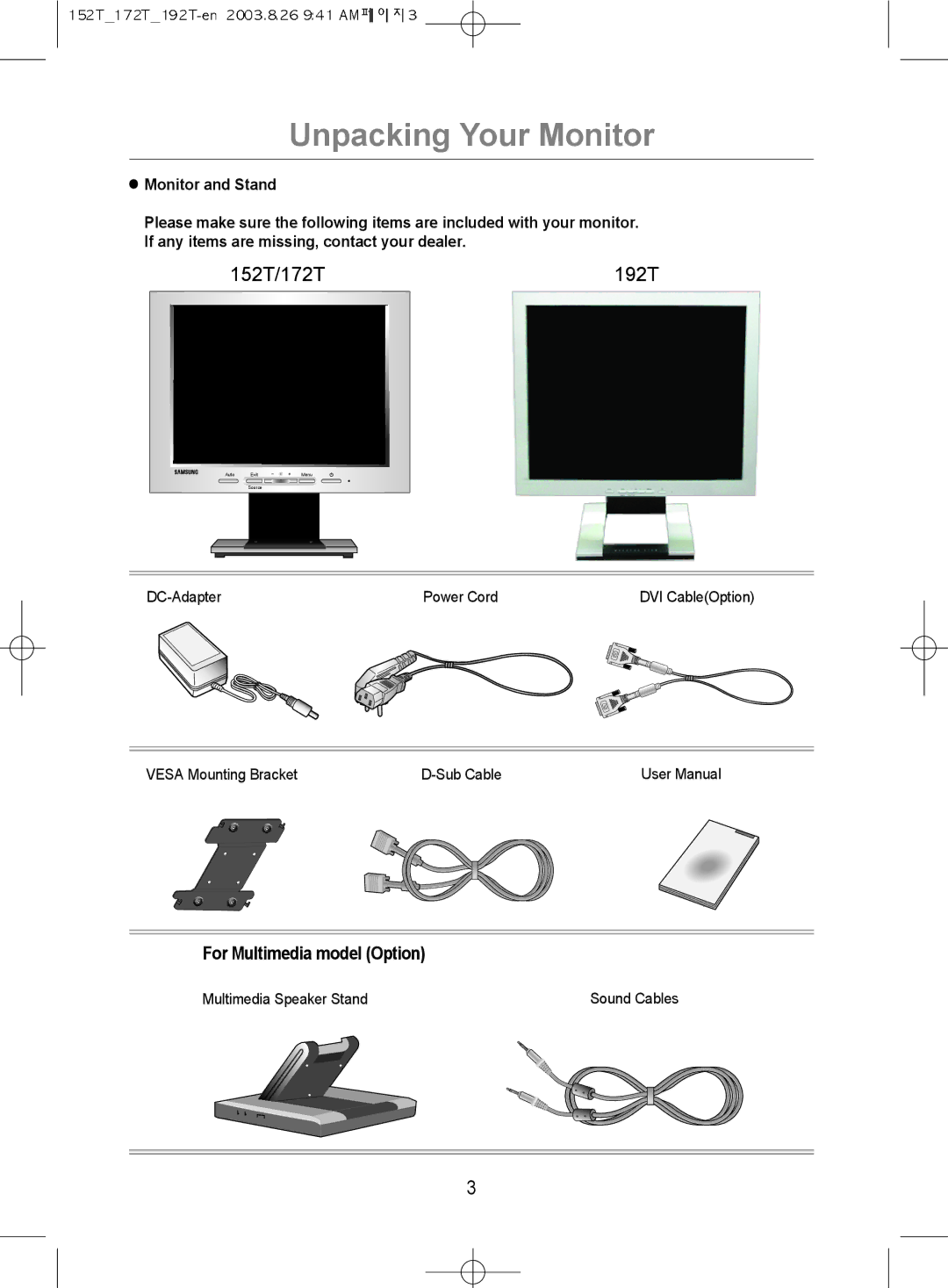 Samsung MO17PSDS/VNT, MO17PSDSV/VNT, MO19PSDSV/VNT manual Unpacking Your Monitor, 152T/172T 192T 