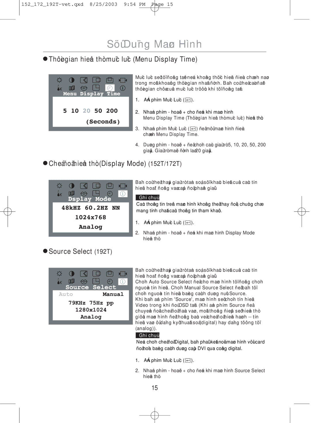 Samsung MO17PSDS/VNT, MO17PSDSV/VNT, MO19PSDSV/VNT manual Thò Display Mode 152T/172T 