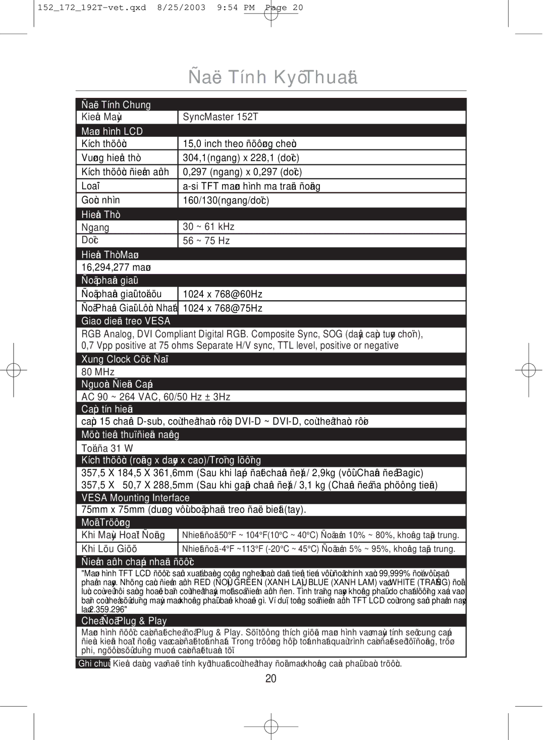 Samsung MO17PSDSV/VNT, MO17PSDS/VNT, MO19PSDSV/VNT manual Tính, Treo Vesa 