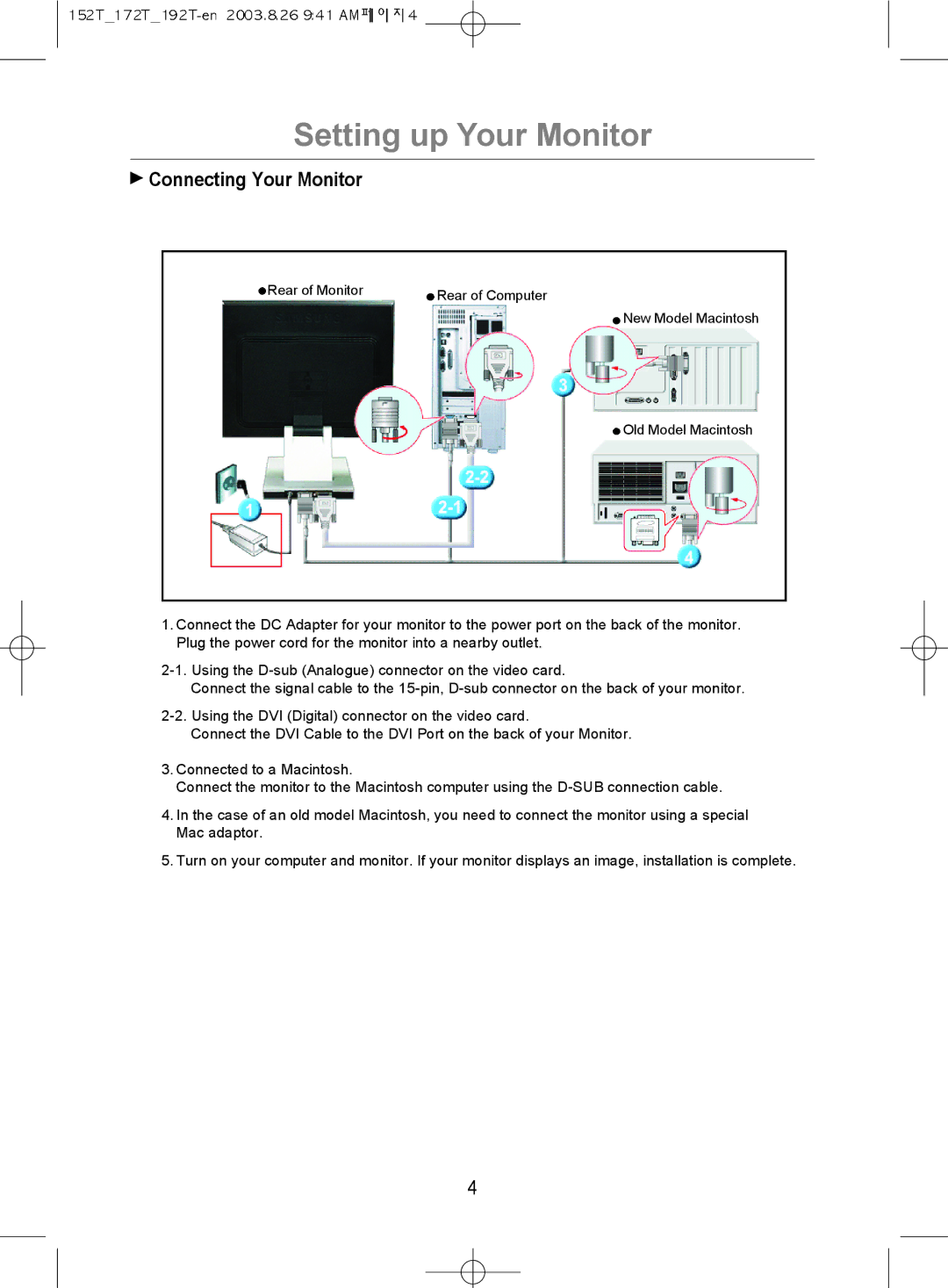 Samsung MO19PSDSV/VNT, MO17PSDSV/VNT, MO17PSDS/VNT manual Setting up Your Monitor, Connecting Your Monitor 