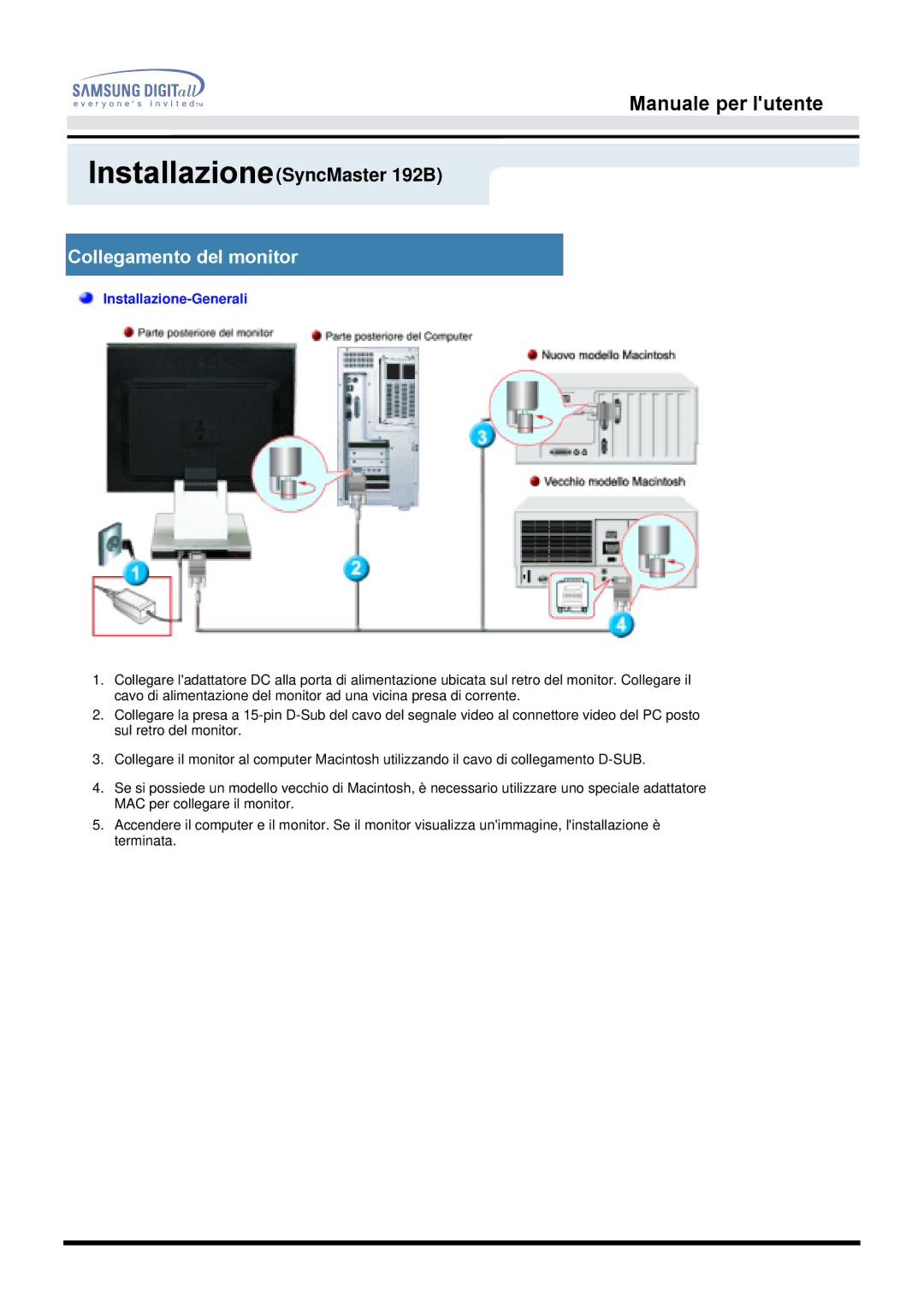 Samsung MO19ESDS/EDC, MO19PSZS/EDC, MO19ESZS/EDC manual Collegamento del monitor, Installazione-Generali 