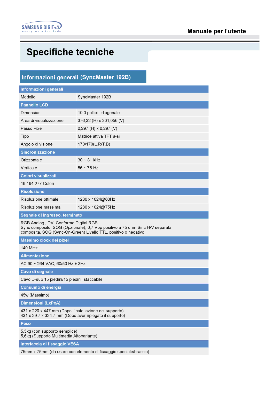 Samsung MO19ESZS/EDC, MO19PSZS/EDC, MO19ESDS/EDC manual Specifiche tecniche, Informazioni generali SyncMaster 192B 