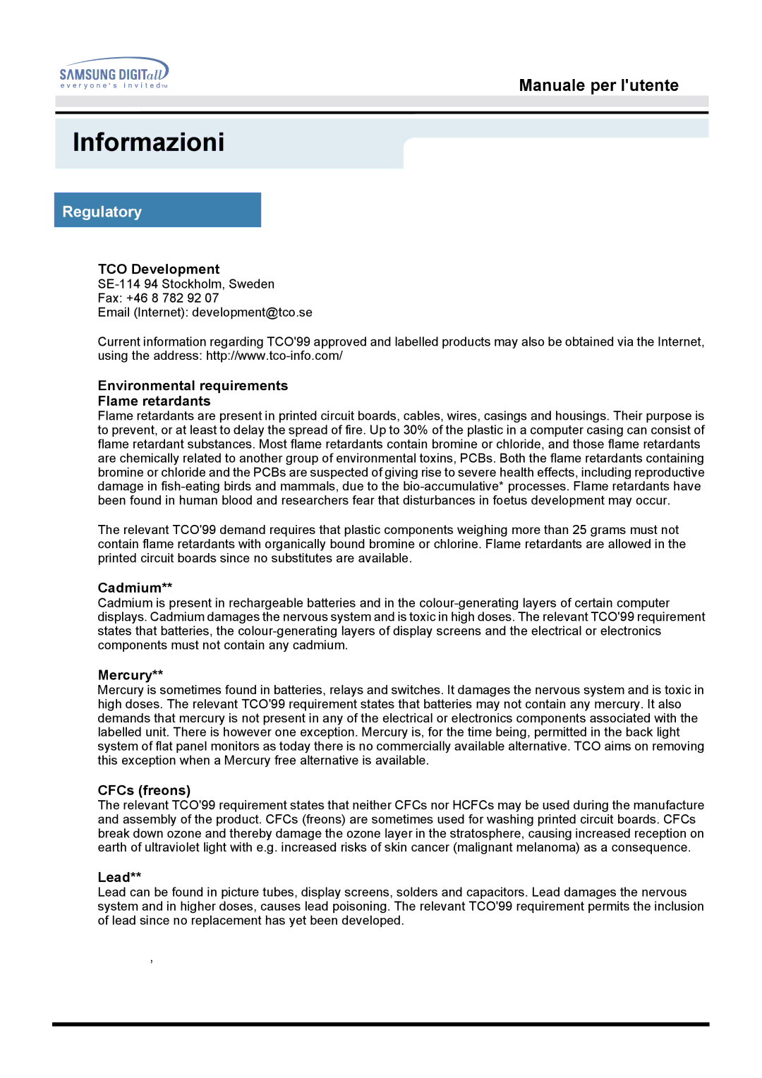 Samsung MO19PSZS/EDC, MO19ESZS/EDC, MO19ESDS/EDC manual TCO Development, Environmental requirements Flame retardants 