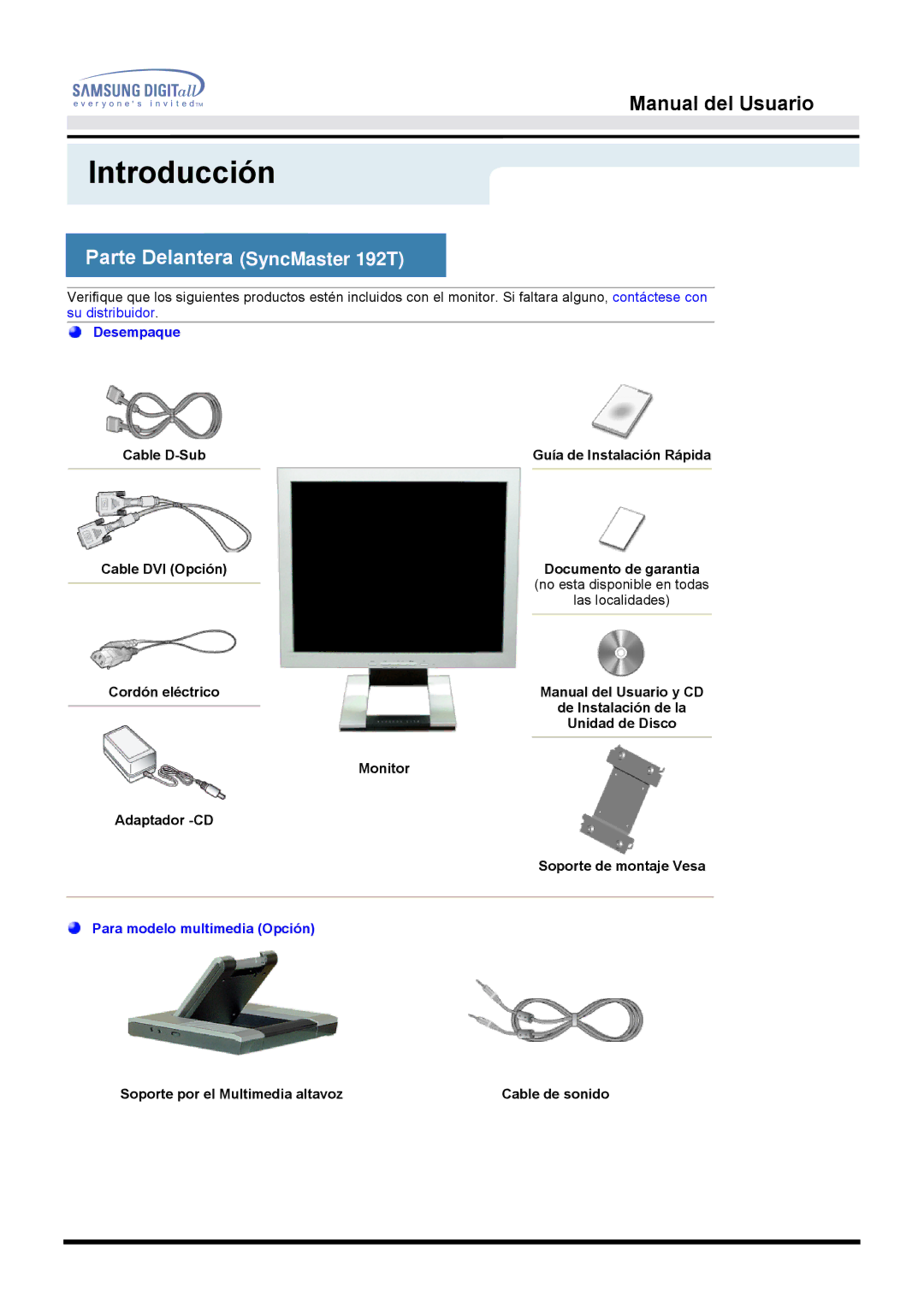 Samsung MO19ESZS/EDC, MO19PSZS/EDC, MO19ESDS/EDC manual Parte Delantera SyncMaster 192T 