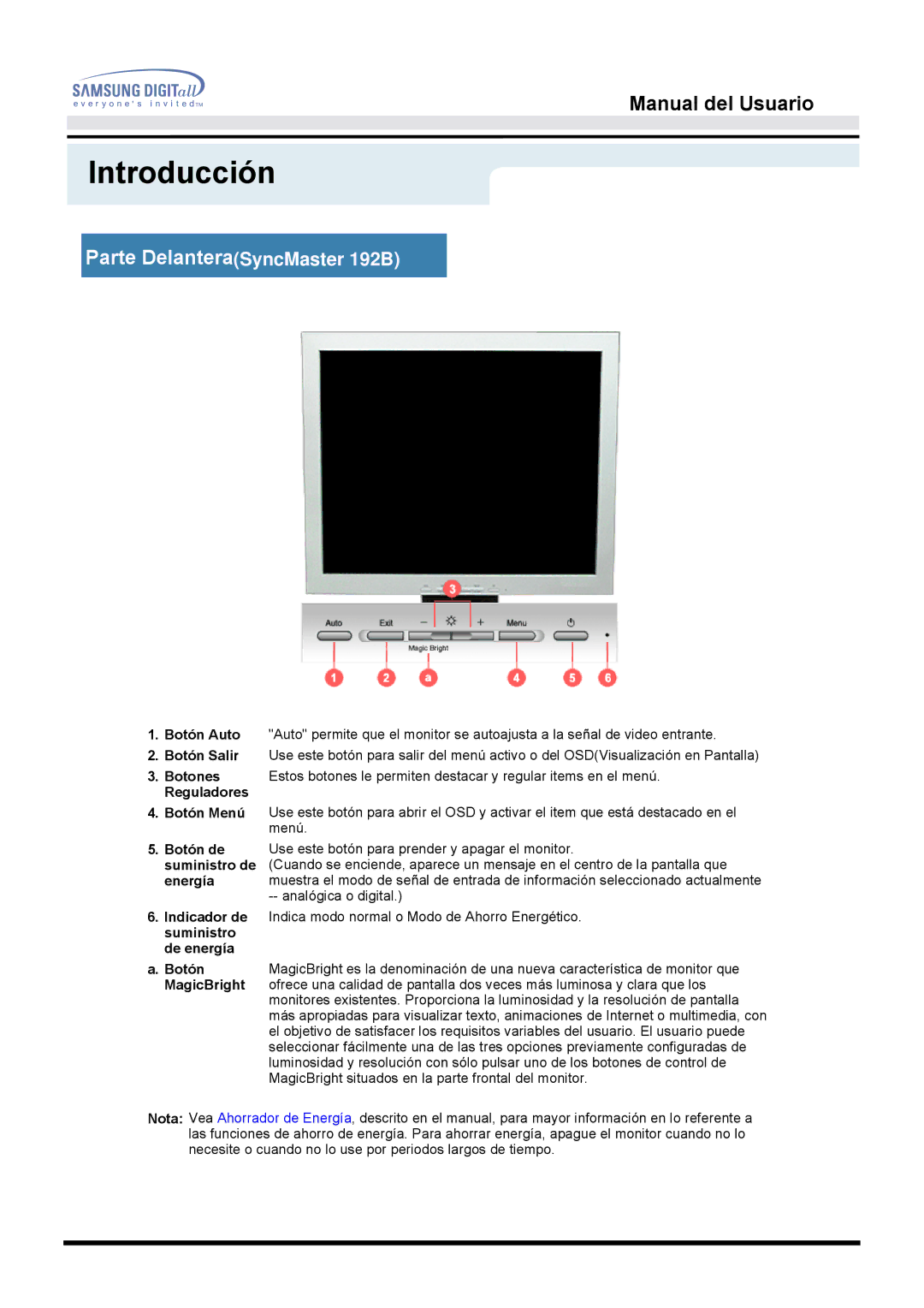 Samsung MO19ESDS/EDC, MO19PSZS/EDC Parte DelanteraSyncMaster 192B, Reguladores, Energía, De energía Botón, MagicBright 