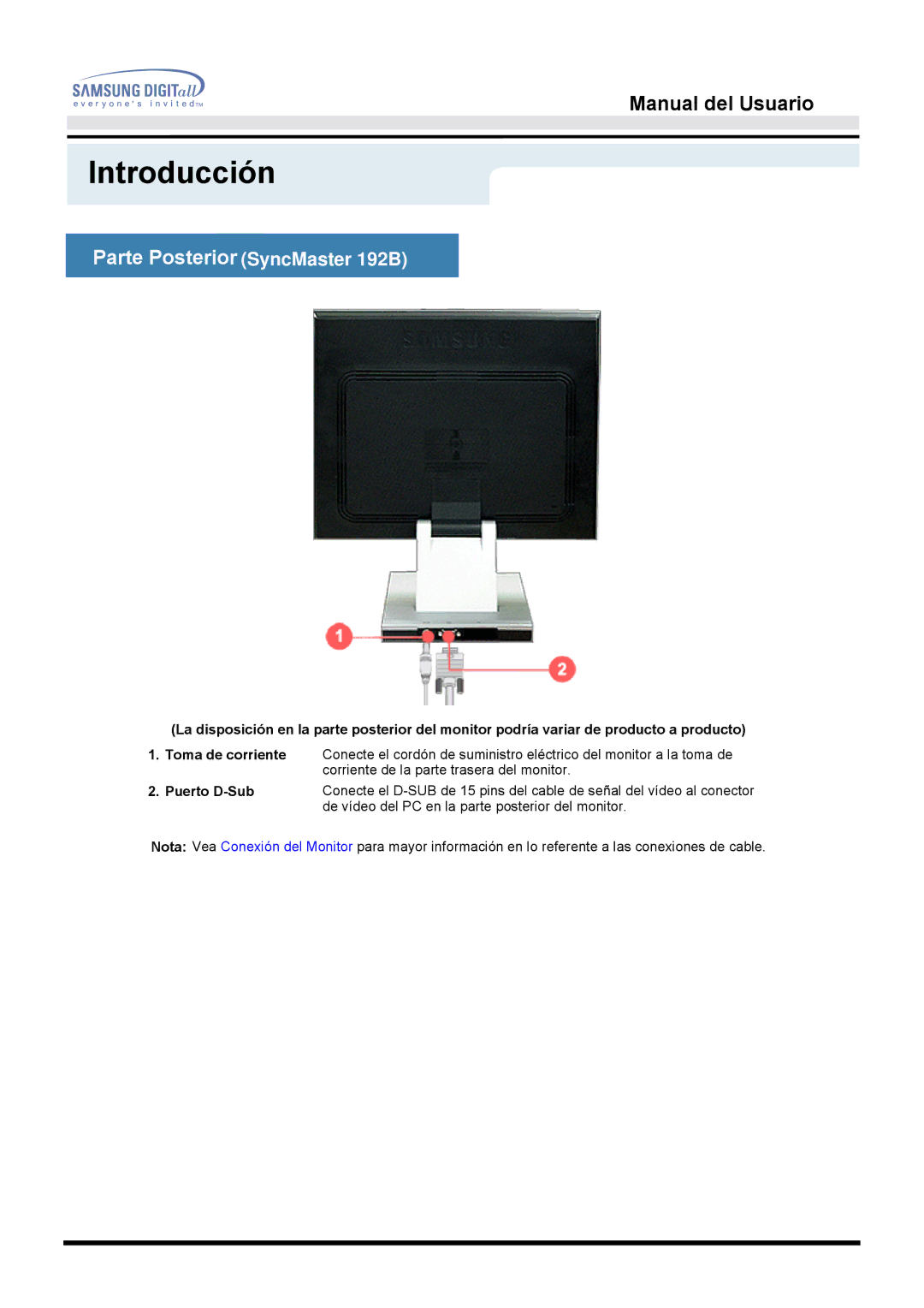 Samsung MO19ESZS/EDC, MO19PSZS/EDC, MO19ESDS/EDC manual Parte Posterior SyncMaster 192B, Puerto D-Sub 