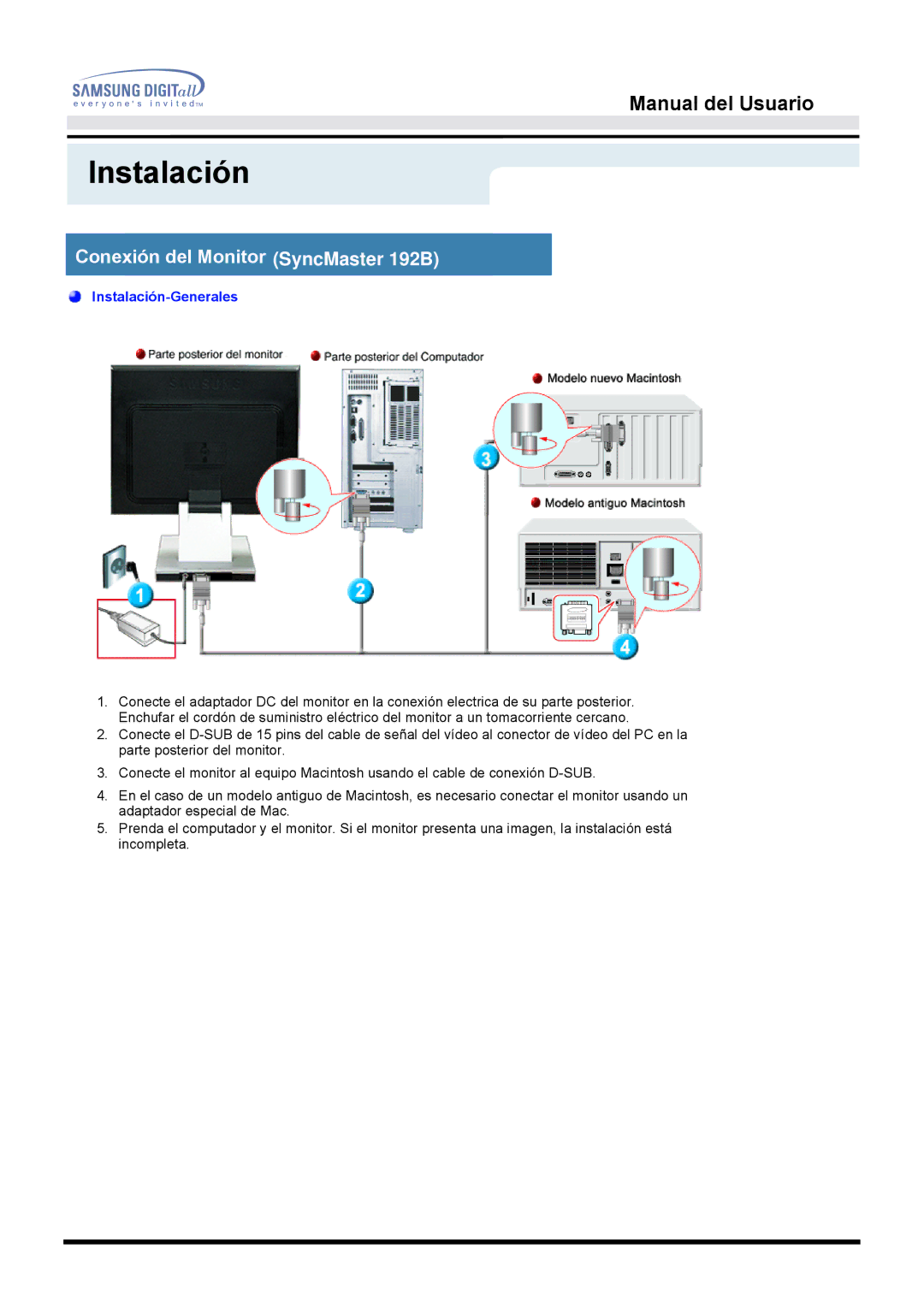 Samsung MO19PSZS/EDC, MO19ESZS/EDC, MO19ESDS/EDC manual Instalación, Conexión del Monitor SyncMaster 192B 