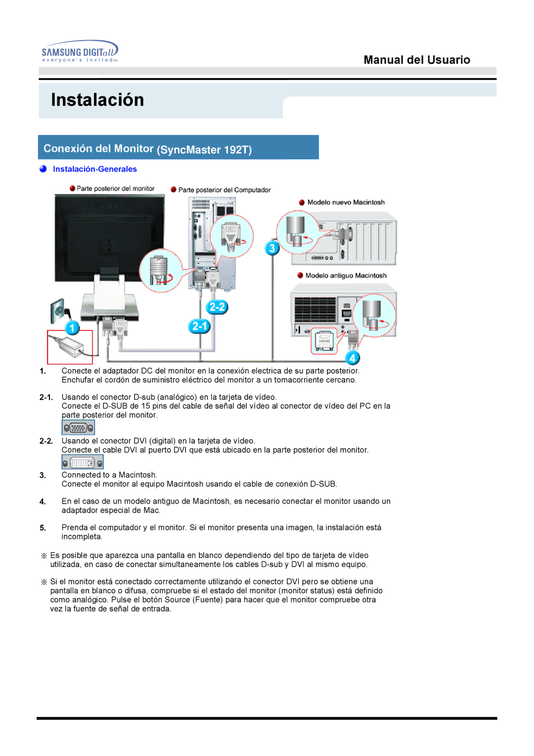 Samsung MO19ESZS/EDC, MO19PSZS/EDC, MO19ESDS/EDC manual Conexión del Monitor SyncMaster 192T 