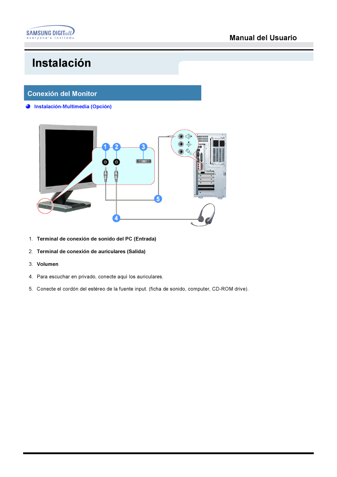 Samsung MO19ESDS/EDC, MO19PSZS/EDC, MO19ESZS/EDC manual Conexión del Monitor, Instalación-Multimedia Opción 