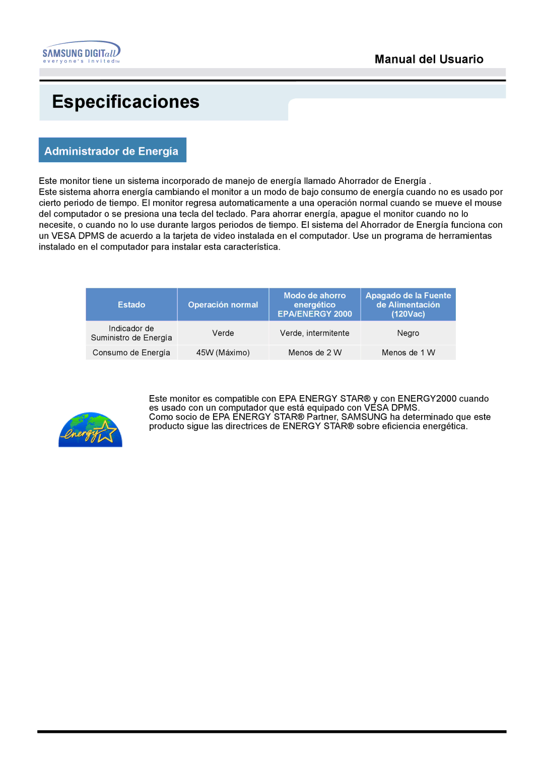 Samsung MO19ESDS/EDC, MO19PSZS/EDC, MO19ESZS/EDC manual Administrador de Energía, Epa/Energy 