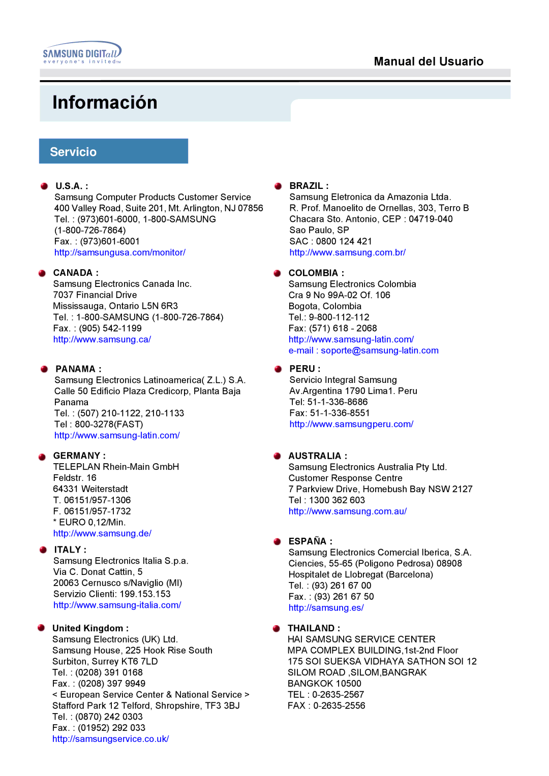 Samsung MO19ESZS/EDC, MO19PSZS/EDC, MO19ESDS/EDC manual Información, Servicio 