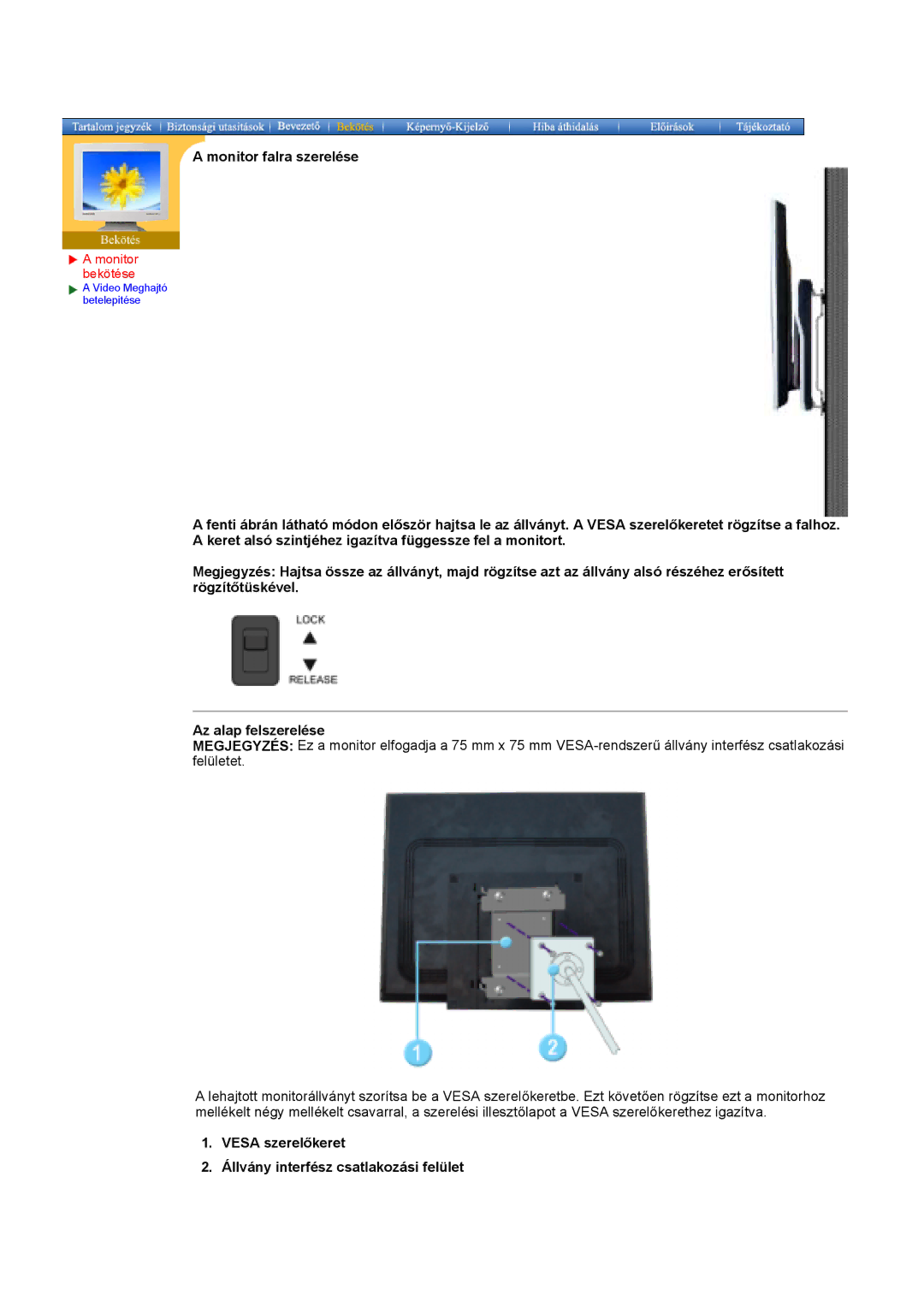 Samsung MO19ESDS/EDC, MO19PSZS/EDC manual Monitor falra szerelése, Vesa szerelőkeret Állvány interfész csatlakozási felület 