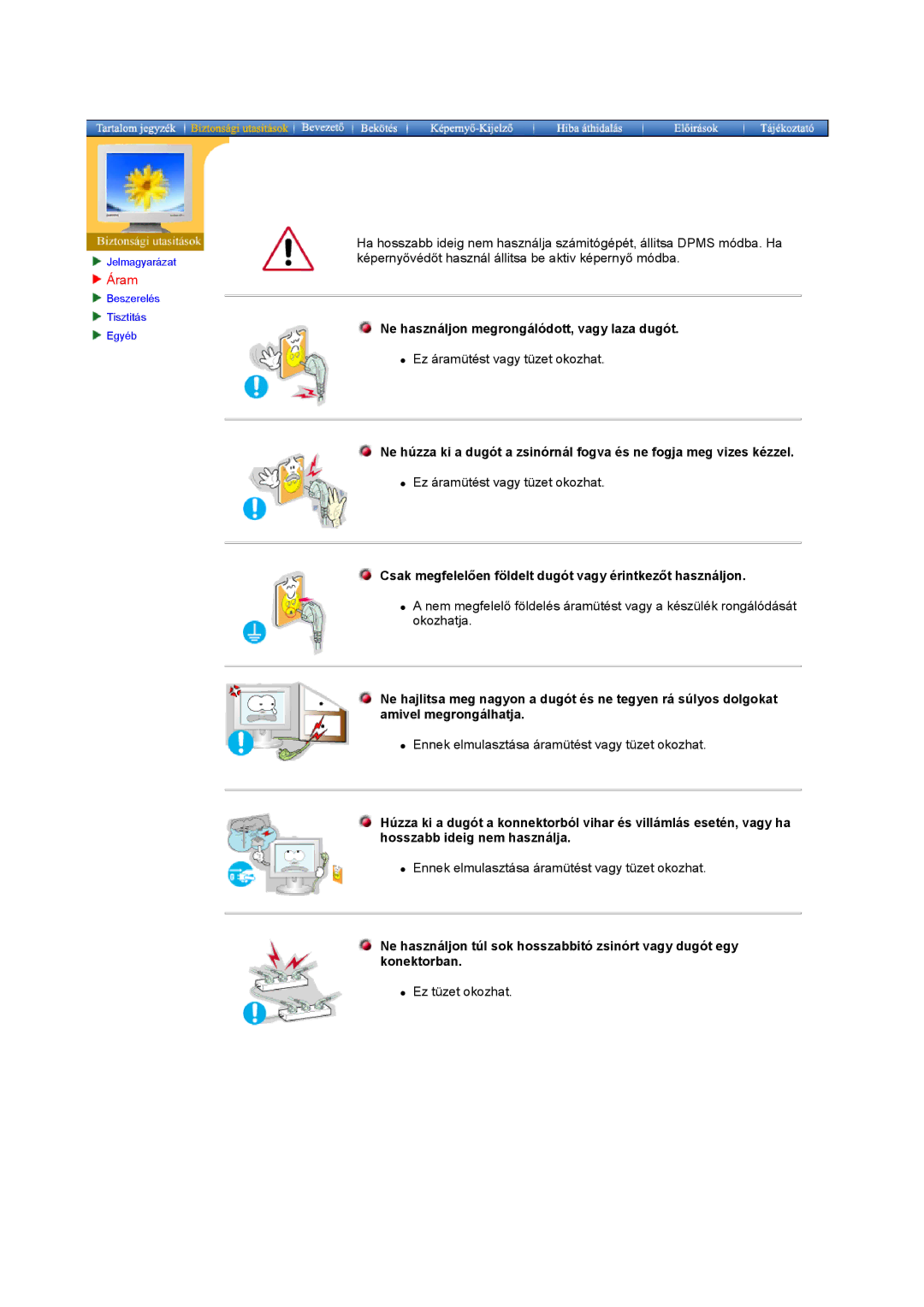 Samsung MO19PSDS/EDC, MO19PSZS/EDC, MO19ESDS/EDC manual Ne használjon megrongálódott, vagy laza dugót 