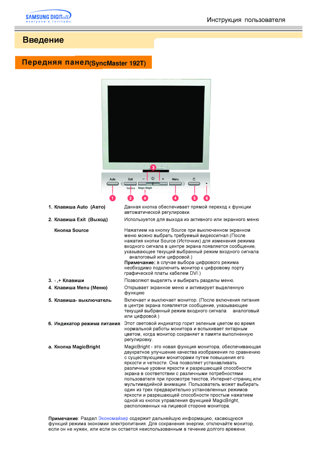 Samsung MO19PSDS/EDC, MO19PSZS/EDC, MO19ESZS/EDC, MO19ESDS/EDC manual Передняя панелSyncMaster 192T 