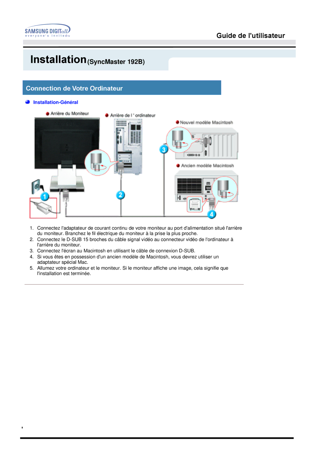 Samsung MO19PSZS/EDC, MO19PSDS/EDC, MO19PSZSV, MO19ESZS/EDC manual Connection de Votre Ordinateur, Installation-Général 