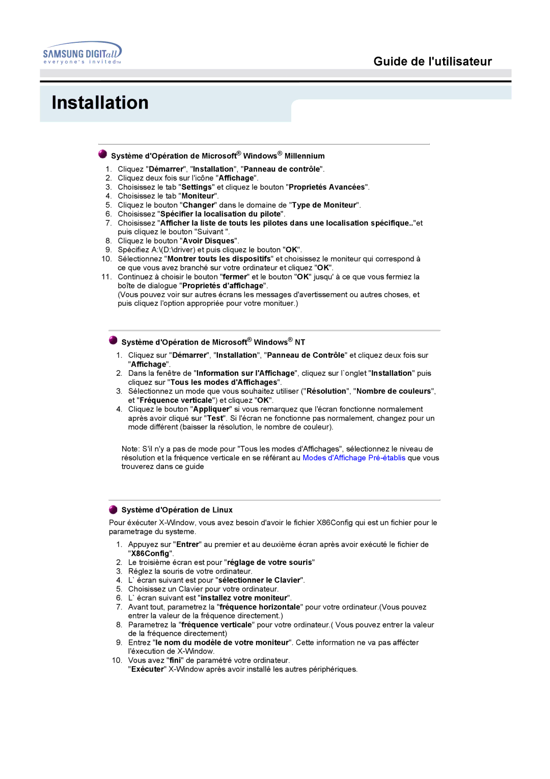 Samsung MO19ESDS/EDC, MO19PSZS/EDC, MO19PSDS/EDC, MO19PSZSV, MO19ESZS/EDC manual Système dOpération de Microsoft Windows NT 