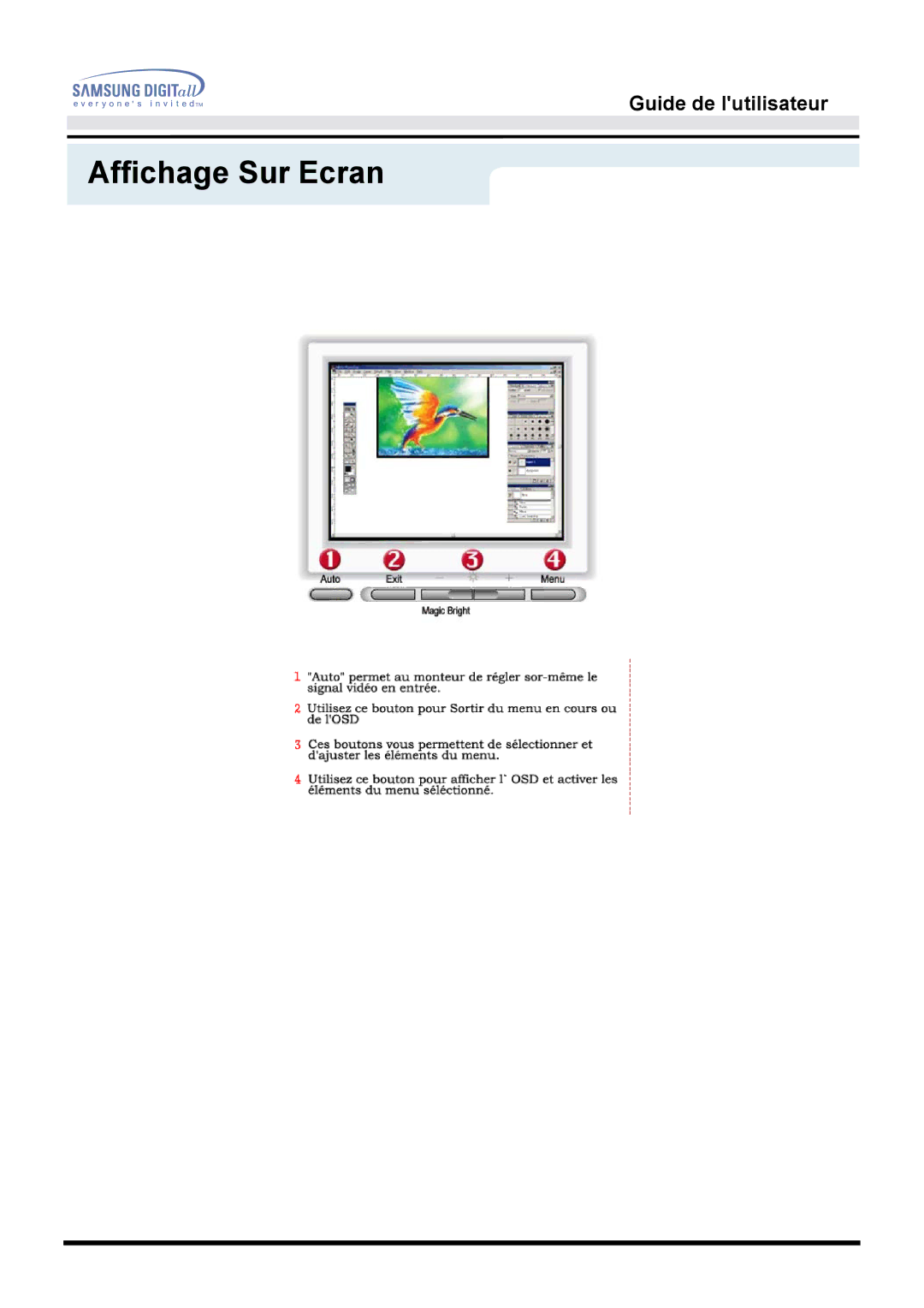 Samsung MO19PSDS/EDC, MO19PSZS/EDC, MO19PSZSV, MO19ESZS/EDC, MO19ESDS/EDC manual Affichage Sur Ecran 