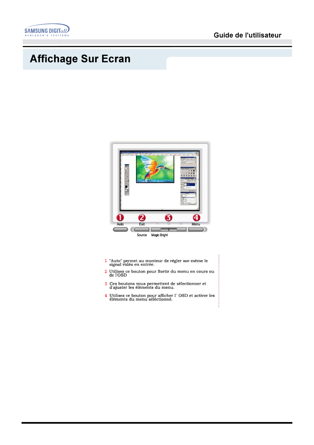 Samsung MO19PSZS/EDC, MO19PSDS/EDC, MO19PSZSV, MO19ESZS/EDC, MO19ESDS/EDC manual Affichage Sur Ecran 