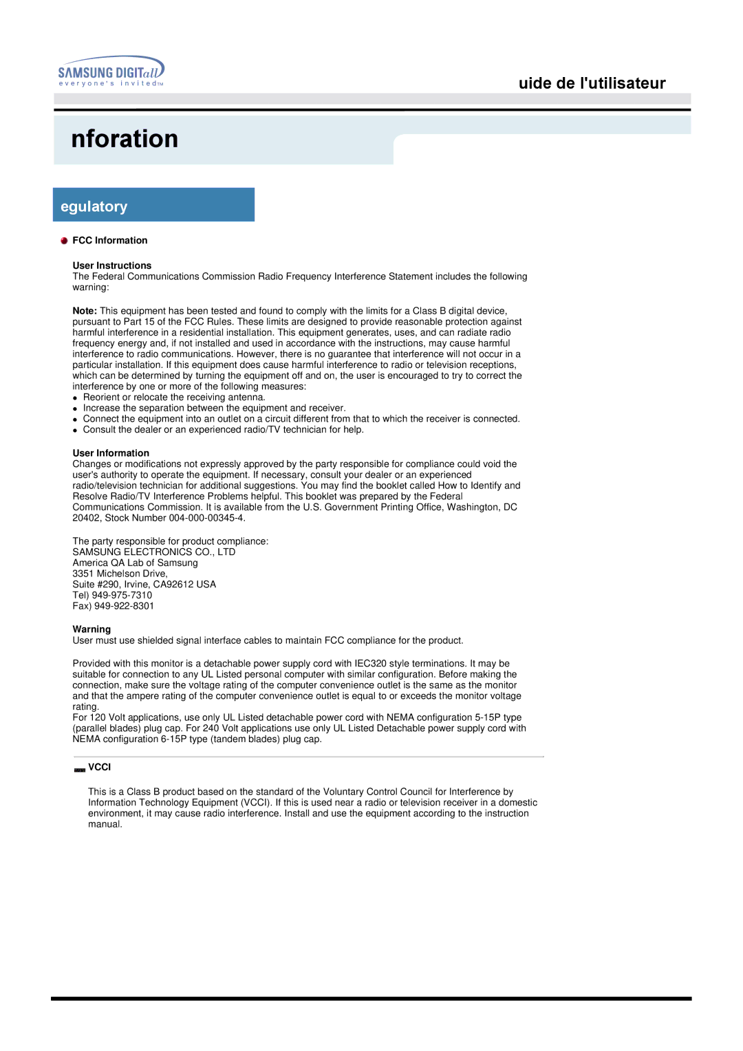 Samsung MO19PSZSV, MO19PSZS/EDC, MO19PSDS/EDC, MO19ESZS/EDC, MO19ESDS/EDC Regulatory, FCC Information User Instructions 