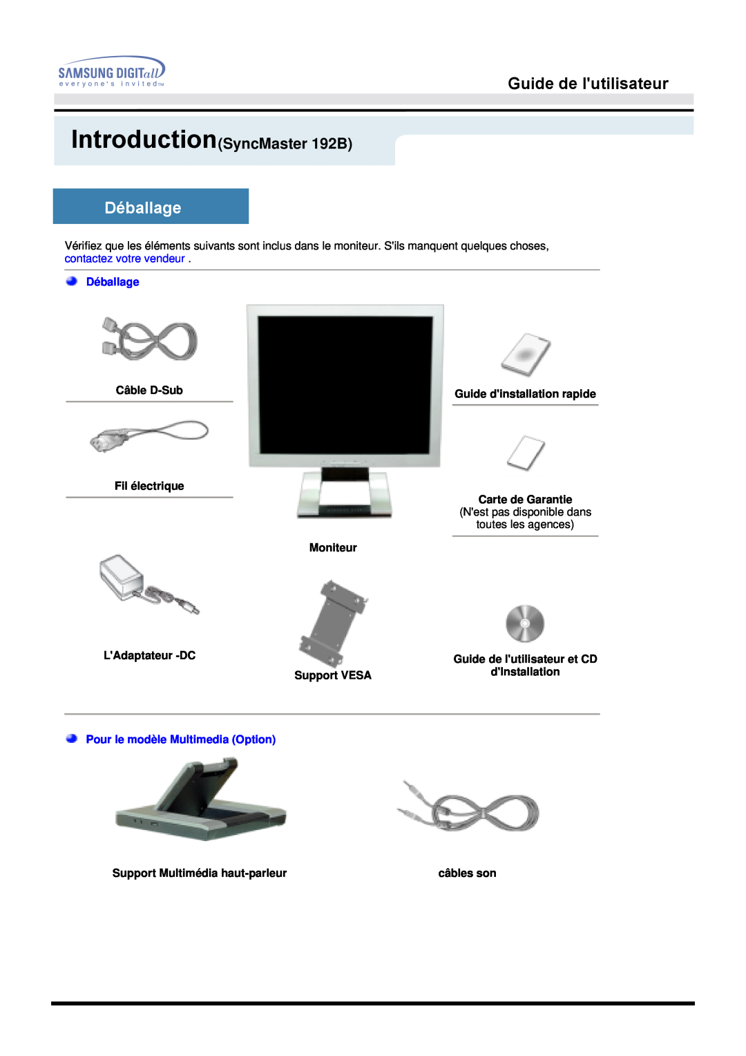 Samsung MO19PSZSV manual Déballage, IntroductionSyncMaster 192B, Guide de lutilisateur, Pour le modèle Multimedia Option 