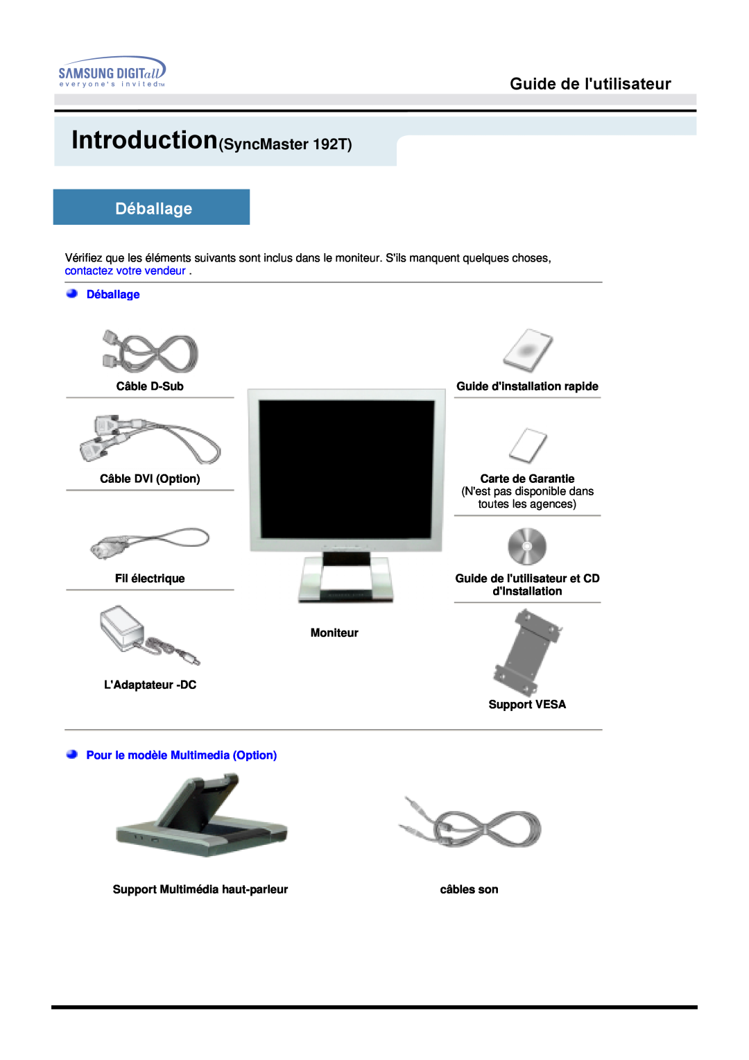 Samsung MO19ESZS/EDC manual IntroductionSyncMaster 192T, Guide de lutilisateur, Déballage, Pour le modèle Multimedia Option 