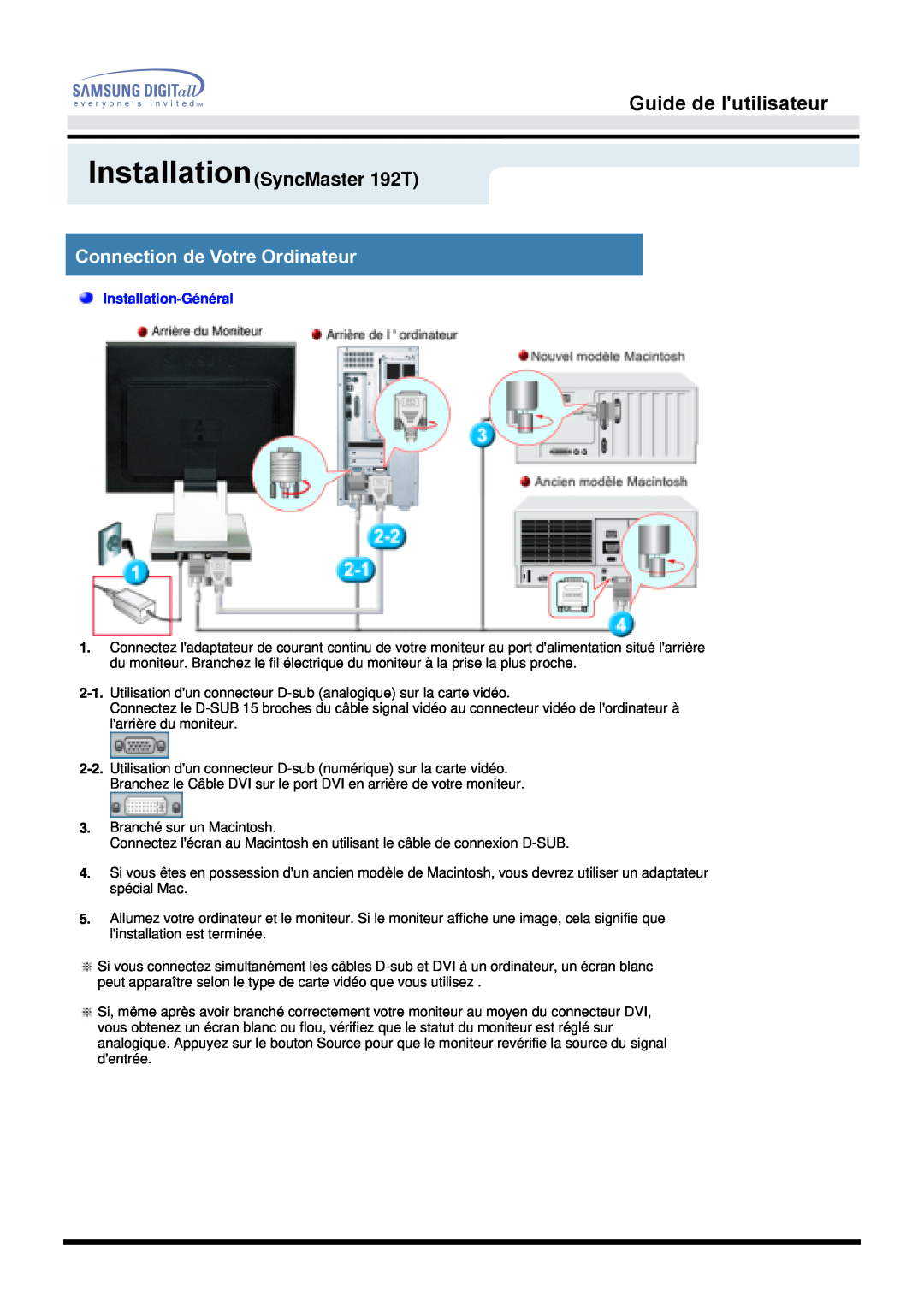 Samsung MO19ESZS/EDC, MO19PSZS/EDC manual InstallationSyncMaster 192T, Guide de lutilisateur, Connection de Votre Ordinateur 
