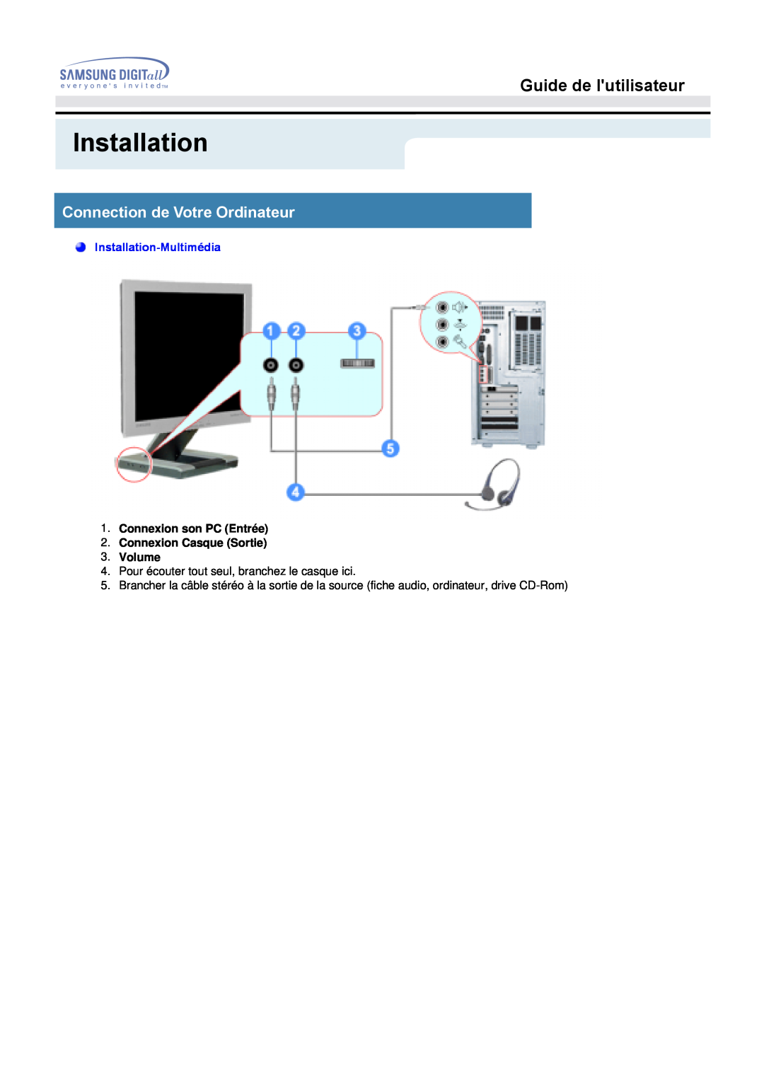 Samsung MO19ESDS/EDC, MO19PSZS/EDC manual Guide de lutilisateur, Connection de Votre Ordinateur, Installation-Multimédia 