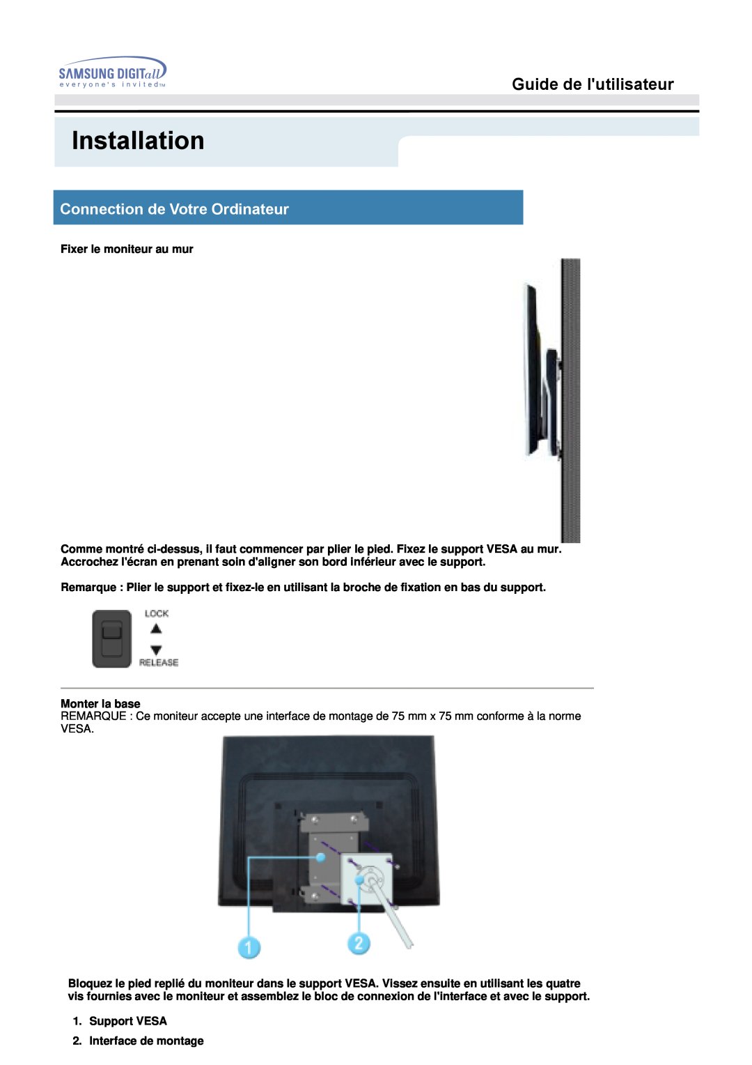 Samsung MO19PSZS/EDC manual Installation, Guide de lutilisateur, Connection de Votre Ordinateur, Fixer le moniteur au mur 