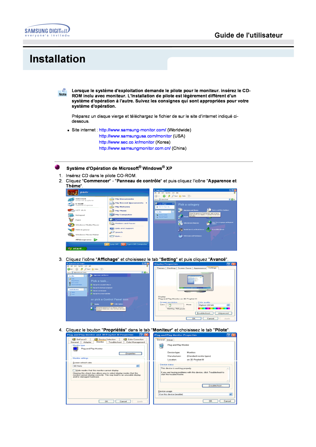 Samsung MO19ESZS, MO19PSZS/EDC, MO19PSDS Installation, Guide de lutilisateur, Système dOpération de Microsoft Windows XP 