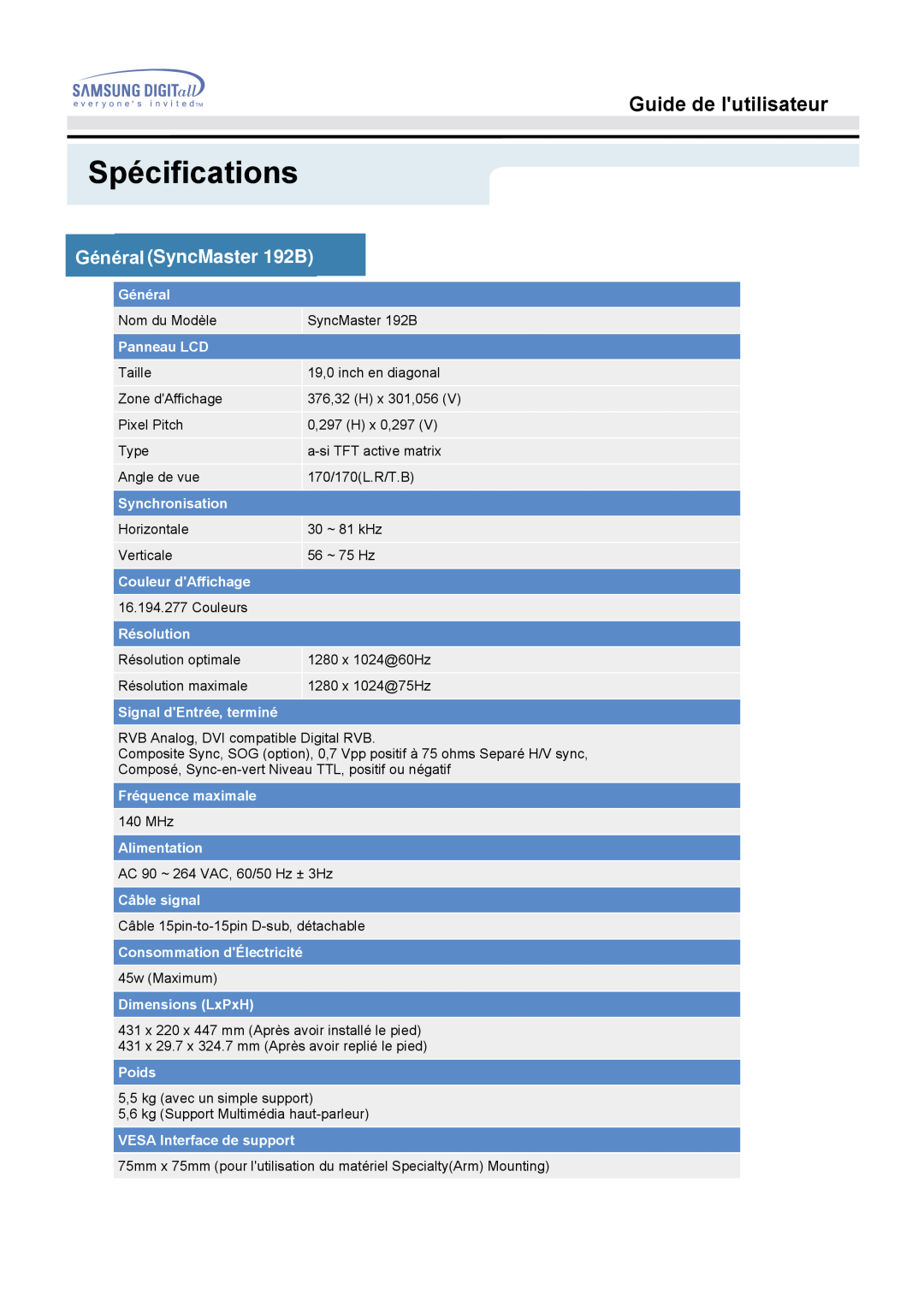 Samsung MO19PSZS/EDC, MO19PSDS/EDC, MO19ESZS, MO19PSZSV Spécifications, Général SyncMaster 192B, Guide de lutilisateur 