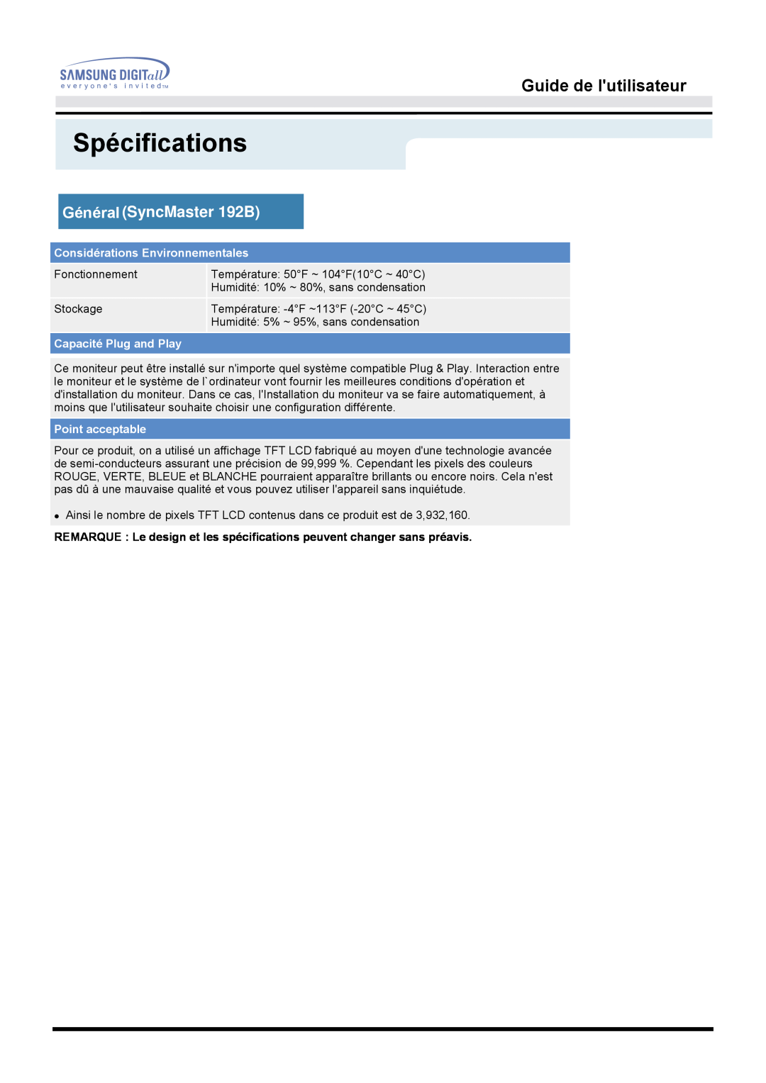 Samsung MO19ESZS manual Spécifications, Guide de lutilisateur, Général SyncMaster 192B, Considérations Environnementales 