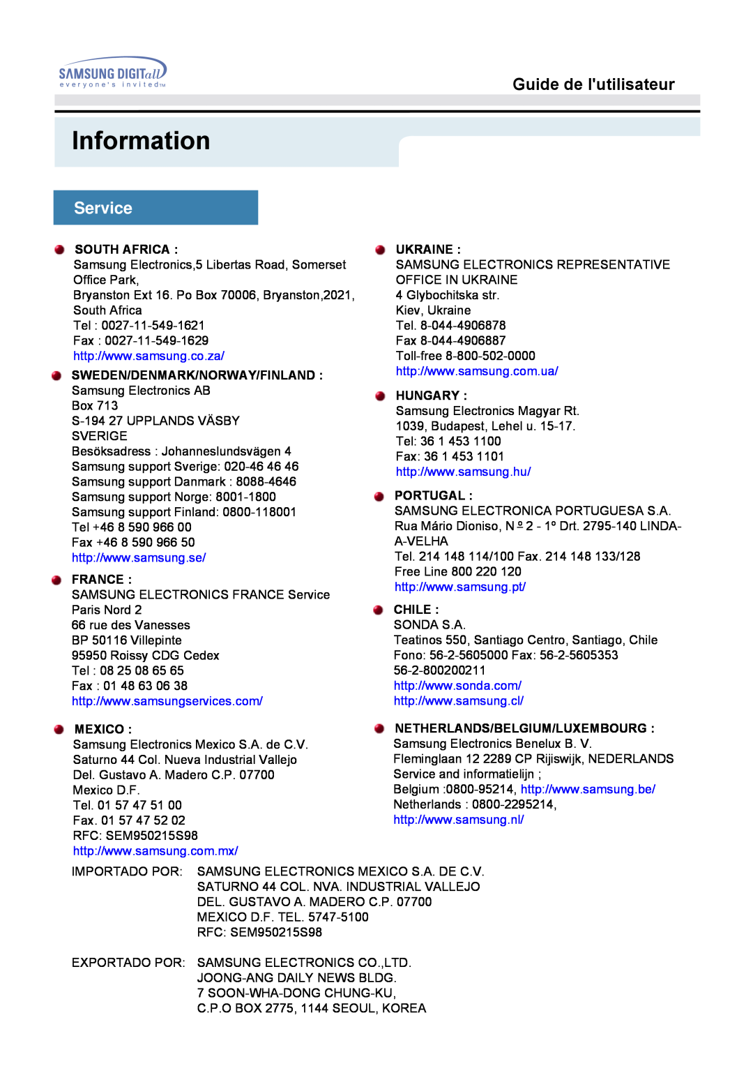 Samsung MO19PSDS Information, Guide de lutilisateur, Service, South Africa, Sweden/Denmark/Norway/Finland, France, Mexico 