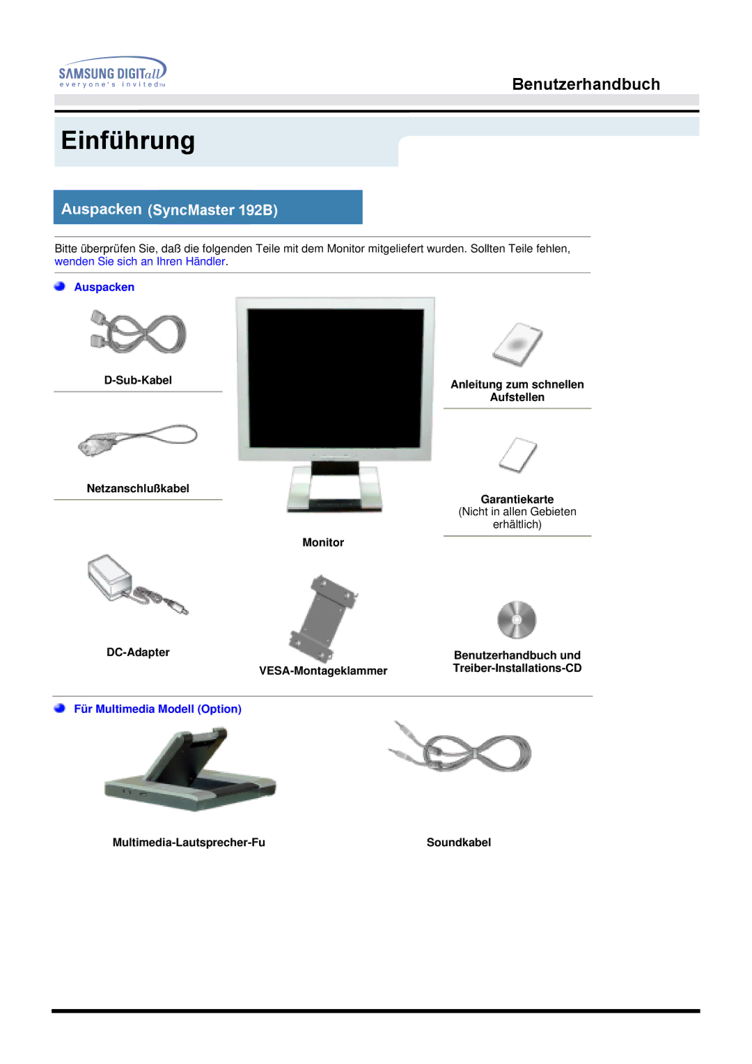 Samsung MO19PSDS/EDC, MO19PSZS/EDC manual Einführung, Multimedia-Lautsprecher-FuSoundkabel 